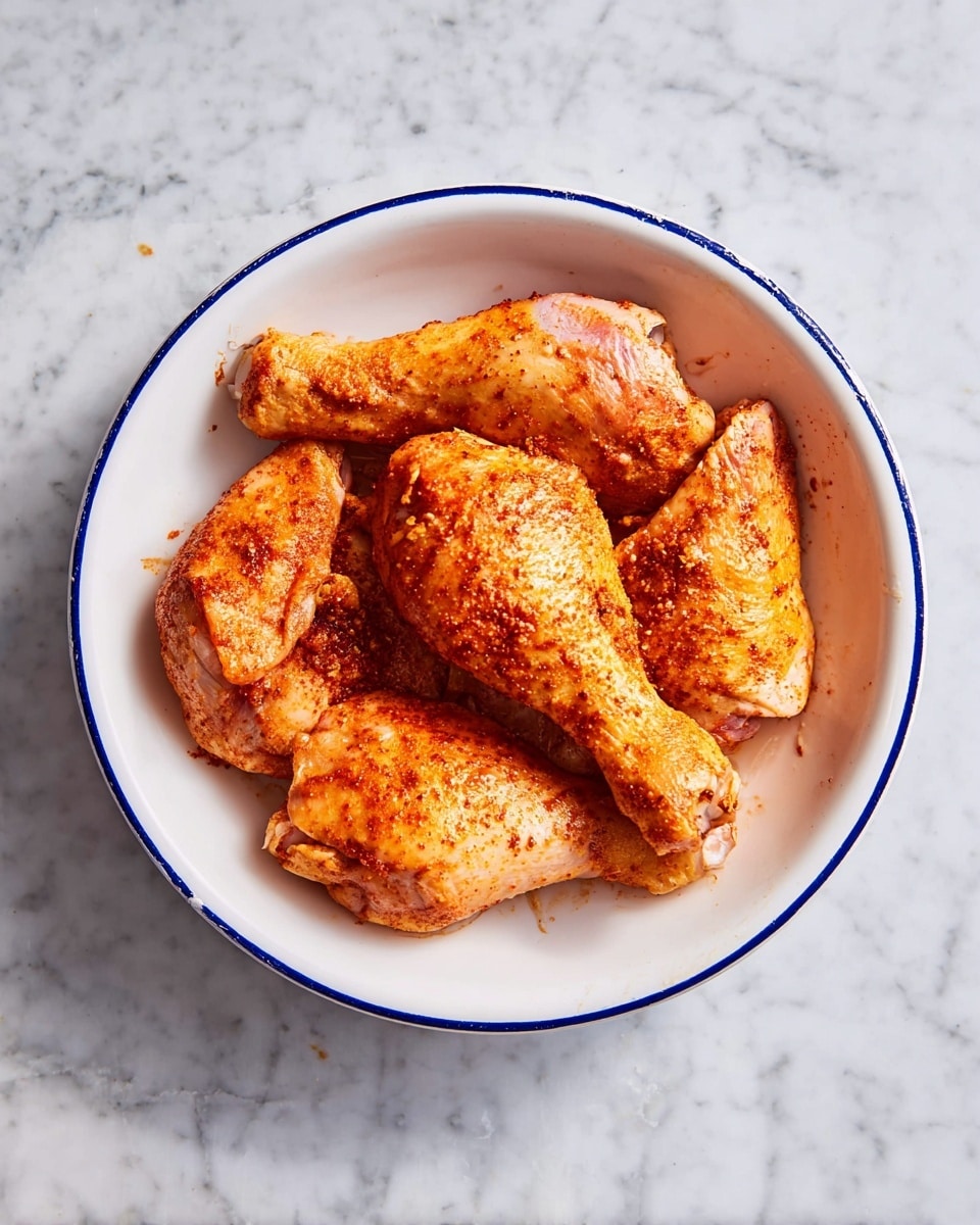 A white bowl with a thin blue double rim holds five raw chicken drumsticks and thighs, all coated in a reddish-orange spice mix. The chicken pieces have a smooth, slightly shiny texture with visible seasoning spread evenly across the skin. The bowl is placed on a white marbled surface, and the image is taken from above, showing the chicken arranged loosely in the center of the bowl. photo taken with an iphone --ar 4:5 --v 7