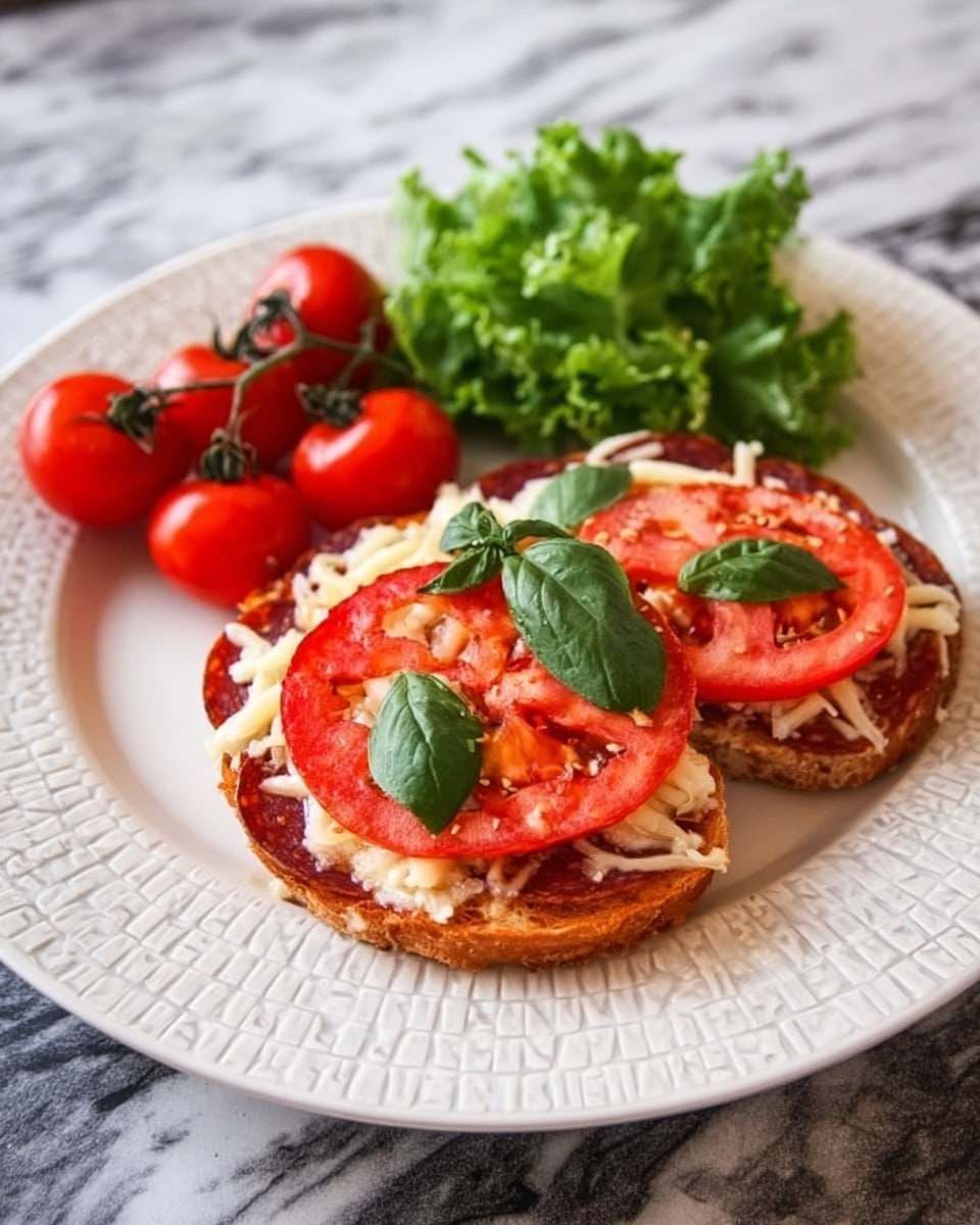 The image shows an open-faced sandwich on a white plate with a pattern, placed on a white marbled surface. The sandwich has three main layers: a golden toasted bread base, a layer of pepperoni slices topped with melted shredded cheese, and two slices of fresh red tomato with green basil leaves on top. Next to the sandwich on the plate, there is a small bunch of fresh green lettuce and four bright red cherry tomatoes still on the vine. The colors are vibrant, with the red tomatoes standing out against the green of the lettuce and basil. Photo taken with an iphone --ar 4:5 --v 7