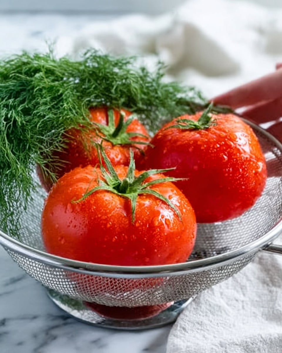 A clear glass colander holds three large, bright red tomatoes with green stems on top, and a bunch of fresh green dill rests beside them. Water droplets are visible on the smooth surface of the tomatoes, giving a fresh look. The colander is placed on a white marbled surface, and a white cloth is softly draped in the background. A woman's hand is about to reach towards the tomatoes. photo taken with an iphone --ar 4:5 --v 7