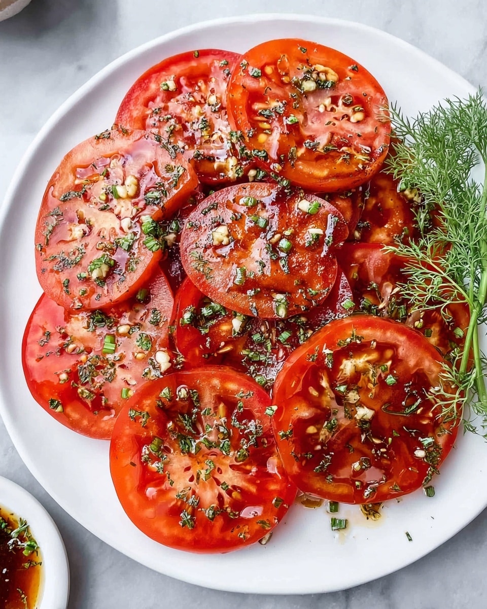 A white round plate holds one layer of bright red tomato slices, arranged to slightly overlap each other. The tomato slices have a fresh, juicy texture with visible seeds and soft inner sections. Each slice is topped with small pieces of green herbs and finely chopped garlic, sprinkled across evenly. A thin glaze of dark balsamic dressing is drizzled smoothly over the tomato slices, adding shine and contrast. A small sprig of fresh dill lies on the right edge of the plate. The plate sits on a white marbled surface, and part of a small white bowl with similar dressing is visible at the bottom left corner. Photo taken with an iphone --ar 4:5 --v 7
