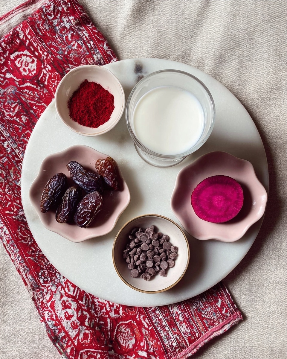 The image shows a white marble surface with a round white marble tray holding five small bowls and a glass cup. In the center, there is a clear glass cup filled with white milk. To the top left, a small white bowl contains bright red powder. Below it, a light pink leaf-shaped bowl is filled with dark dried dates. To the top right, another light pink leaf-shaped bowl has a single bright magenta slice of beetroot. At the bottom center, a small white bowl holds dark brown chocolate chips. Next to the tray is a red and white patterned cloth. Photo taken with an iphone --ar 4:5 --v 7