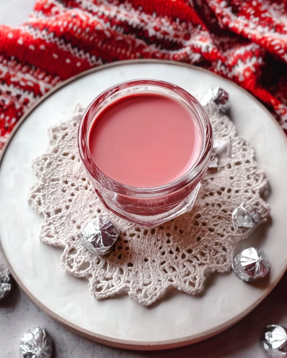 A clear glass cup filled with smooth pink liquid sits on a white lace-patterned round paper doily, which is placed on a white plate with a cutout design around the edges. The plate rests on a white marbled round tray. Silver foil-wrapped chocolate pieces are scattered around the tray and plate. The background shows a red and white patterned cloth partially under the tray. photo taken with an iphone --ar 4:5 --v 7