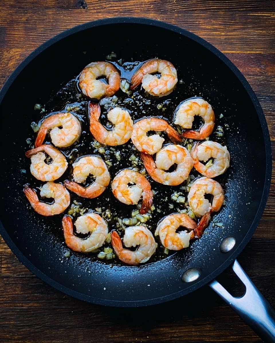 A black frying pan on a brown wooden surface holds a single layer of cooked shrimp, each shrimp pink and curled with orange tails, scattered evenly. The shrimp sit in a shiny black oily sauce mixed with small white chopped garlic pieces and sprinkled with visible black pepper specks. The frying pan's metal handle extends to the right, and the wood beneath contrasts with the dark pan. photo taken with an iphone --ar 4:5 --v 7