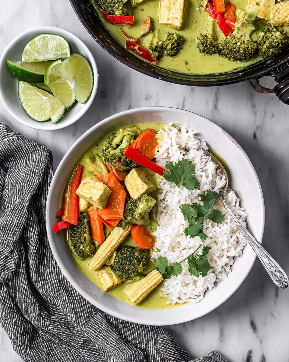 A white bowl holds two main layers side by side: on the left, a creamy green curry sauce with chunks of light yellow tofu, bright orange carrot slices, green broccoli florets, baby corn, and long strips of red bell pepper, all mixed together; on the right, a fluffy pile of white rice with scattered fresh green cilantro leaves on top. A silver spoon rests in the curry section inside the bowl. Nearby, a black skillet with similar green curry and vegetables is partially visible, and a small white bowl with three lime wedges sits on a white marbled surface. A gray and white striped cloth is placed near the bowl. Photo taken with an iphone --ar 4:5 --v 7