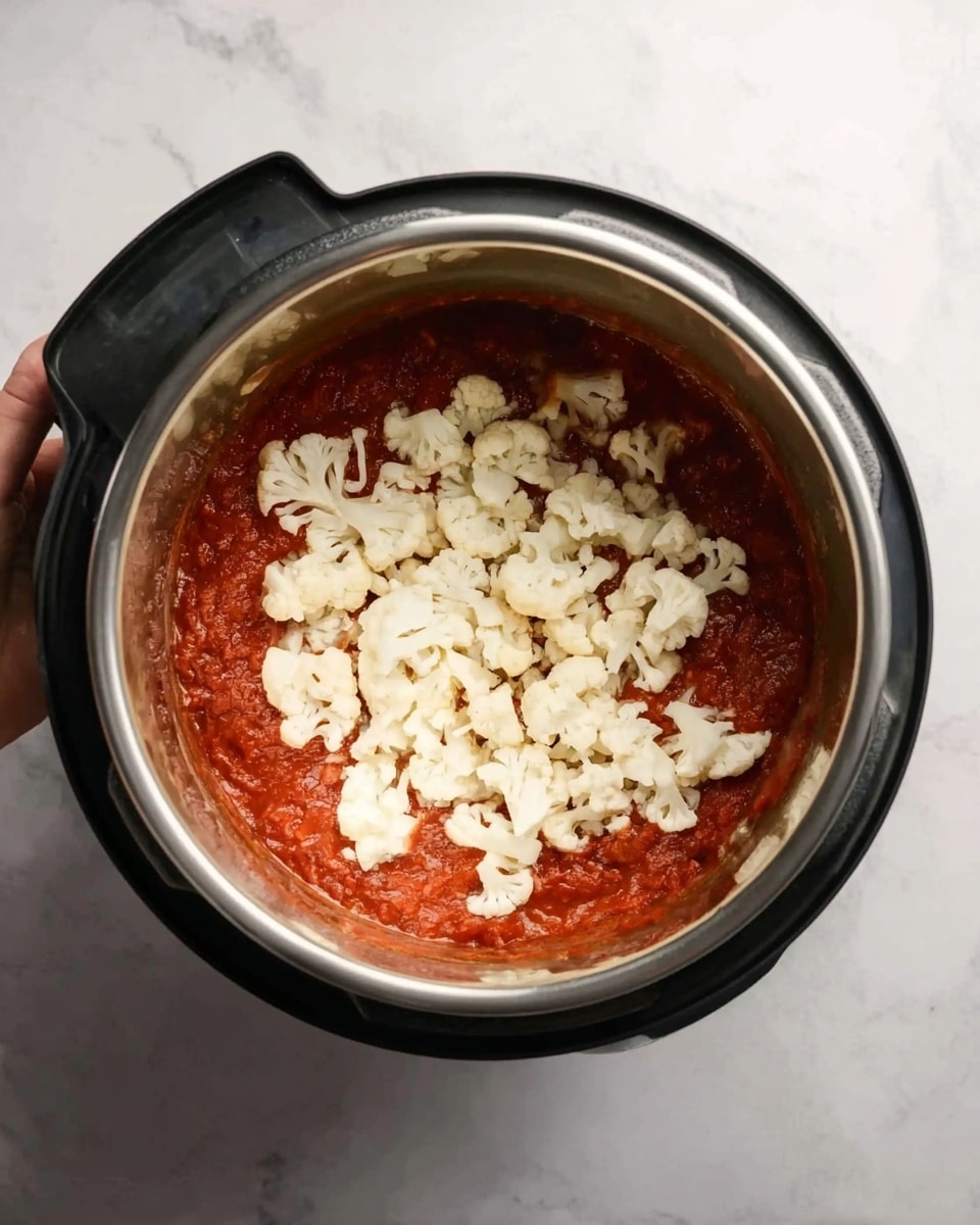 The image shows an instant pot with two clear layers inside. The bottom layer is thick and red, resembling tomato sauce with a slightly chunky texture. On top, there is a second layer made of white cauliflower florets scattered evenly over the sauce. The instant pot is placed on a white marbled countertop. A woman's hand is not visible in this image. photo taken with an iphone --ar 4:5 --v 7