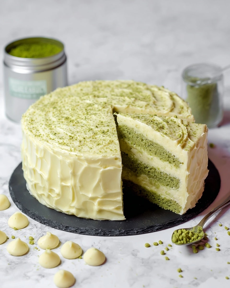 A round cake with two visible layers is covered in thick, creamy pale yellow frosting that has a smooth but slightly textured look on the sides and top. The cake is sliced into two pieces showing a green layer inside, which matches the sprinkled green powder sprinkled on top of the frosting. The cake sits on a black round base placed on a white marbled surface. Around the cake are scattered small pale yellow chocolate chips, and behind it is a silver container filled with green powder along with a silver spoon resting beside it. Photo taken with an iphone --ar 4:5 --v 7