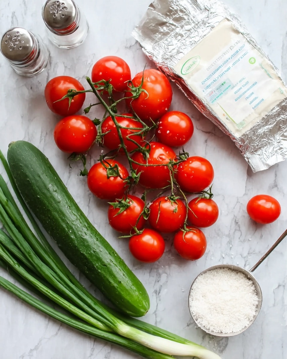 This image shows fresh cherry tomatoes attached to green stems spread out on a white marbled surface, with a long dark green cucumber and a bunch of green onions placed nearby. There are two small glass shakers filled with salt and pepper in the top left corner. In the lower right, there is a foil package of cream cheese, and next to it, a measuring spoon filled with a white powdery seasoning. The colors are bright, highlighting the freshness of the vegetables and the clean setting. Photo taken with an iphone --ar 4:5 --v 7