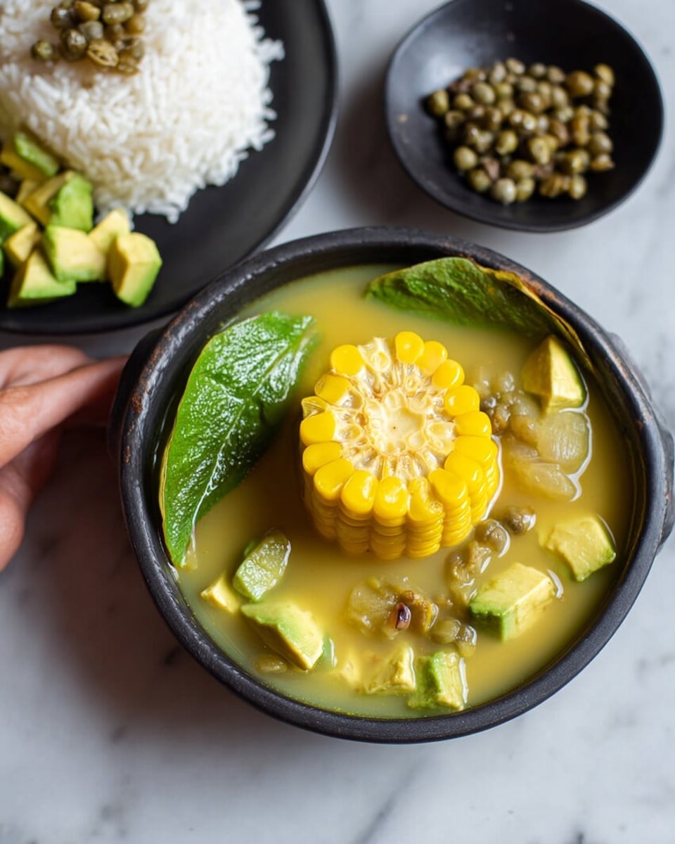 A black bowl holds a light yellow broth with a large bright yellow corn chunk standing upright in the center. Around the corn, there are pieces of green avocado and small brown capers floating, along with a few large green leaves. Behind the bowl, a white plate with rice and diced avocado is partially visible, placed on a white marbled surface. A small black dish with more capers sits off to the side. The scene shows a woman's hand reaching toward the plate. Photo taken with an iphone --ar 4:5 --v 7