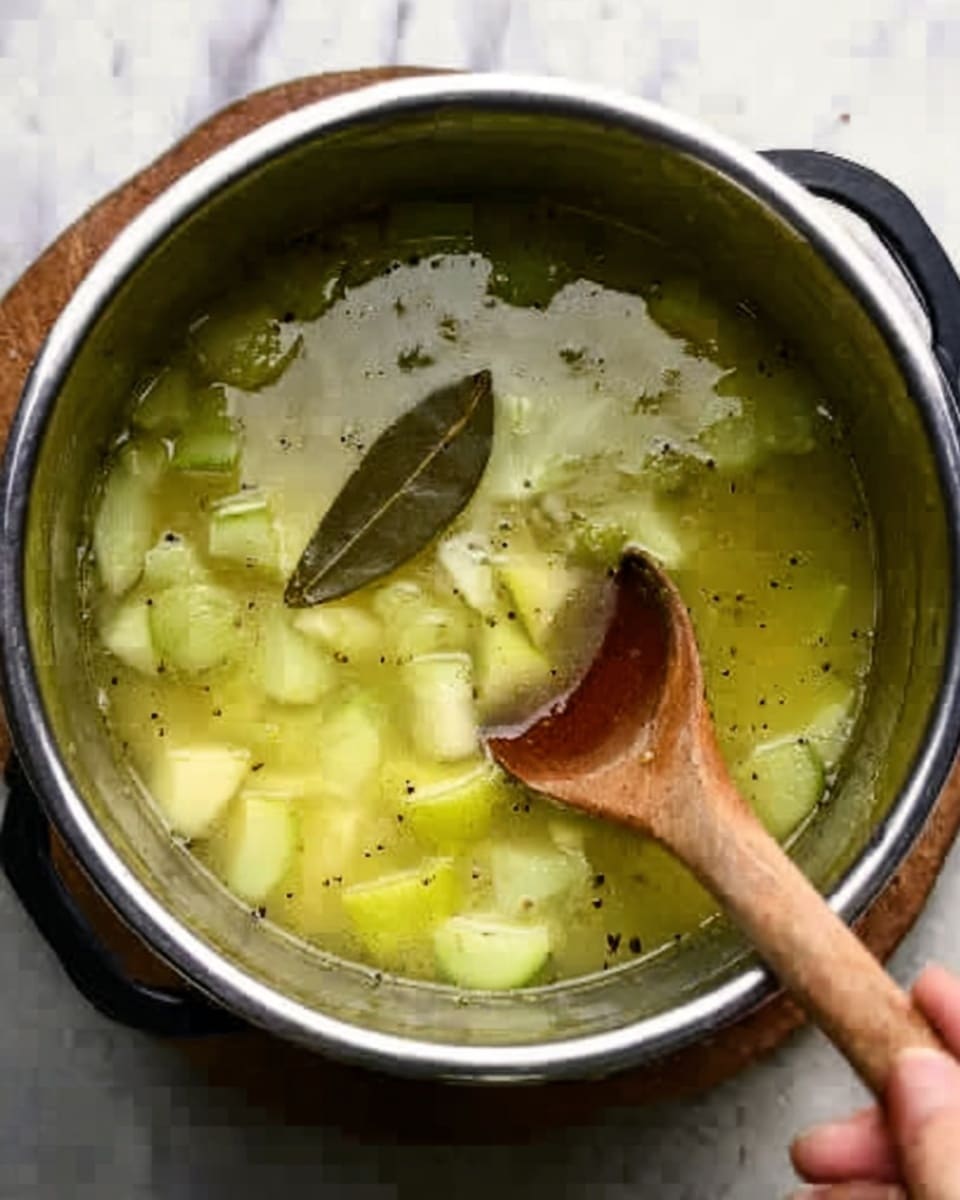 The image shows a pot filled with a light green soup or stew with chunks of light green vegetables, possibly zucchini or squash, floating in a clear broth. The broth has small black pepper pieces and a single bay leaf visible on the surface. A wooden spoon is placed inside the pot, partially submerged, with a woman's hand holding the spoon. The pot is placed on a white marbled surface. photo taken with an iphone --ar 4:5 --v 7