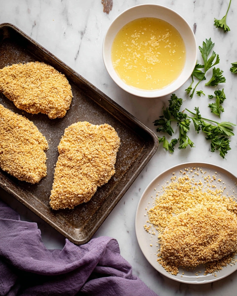 The image shows three pieces of breaded chicken on a dark metal tray, each piece covered with a coarse, golden-brown crumb coating. To the left, there is a white bowl with a yellow egg wash mixture, slightly frothy on top, and below it, a white plate holding another piece of chicken being coated in a thick layer of breadcrumbs, showing a rough texture with visible crumbs around it. The background is a white marbled surface with a few green parsley leaves scattered and a purple cloth under the breadcrumb plate. The scene captures a moment in the breading process before cooking photo taken with an iphone --ar 4:5 --v 7