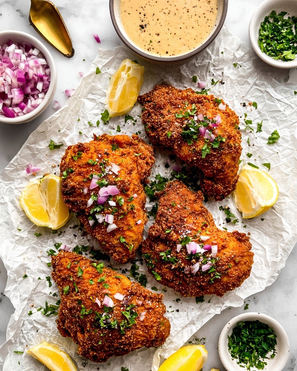 The image shows four crispy fried chicken pieces, each one golden brown with a rough, crunchy texture, lying on crinkled white parchment paper. The chicken pieces are sprinkled with coarse salt, finely chopped purple onion, and green parsley leaves, adding pops of white, purple, and green color on the warm brown surface. Around the chicken lay small lemon wedges, bright yellow and fresh-looking, and scattered parsley leaves. There are three small white bowls placed at the edges of the scene, one filled with light purple diced onions, another with chopped green herbs, and the third holding a creamy mustard sauce with specks of black pepper and a small golden spoon. The whole setting sits on a white marbled surface. photo taken with an iphone --ar 4:5 --v 7