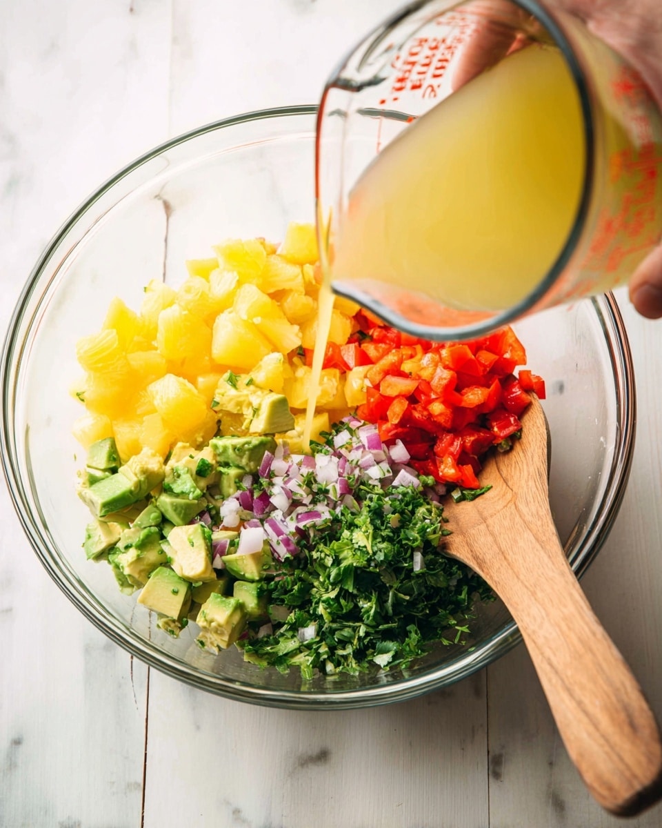 A clear glass bowl holds several colorful layers arranged side by side: chopped yellow fruit or vegetable at the top left, bright green avocado pieces right next to it, finely chopped red onion mixed with green herbs below the yellow layer, red diced bell peppers next to the avocado, and chopped green herbs filling the remaining space on the right. A wooden spoon is placed inside the bowl in the background. A woman's hand pours a light yellow liquid from a clear measuring cup above the bowl. The bowl sits on a white marbled surface. photo taken with an iphone --ar 4:5 --v 7