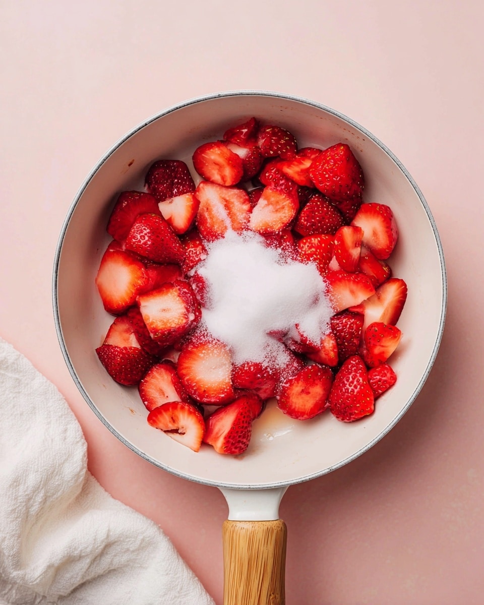 A white enamel pan with a wooden handle holds a layer of fresh bright red strawberry halves arranged inside. On top of the strawberries, there is a pile of white granulated sugar in the center. The pan rests on a pale pink background with a white cloth partially visible at the bottom left. The colors are vivid with the strawberries showing a mix of red and lighter inner colors, and the sugar is fine and powdery. photo taken with an iphone --ar 4:5 --v 7