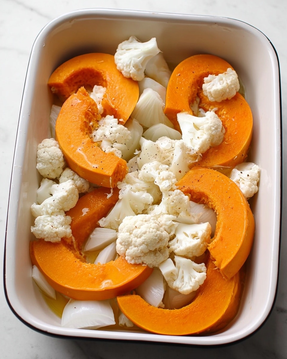 The image shows a white baking dish filled with raw vegetables arranged in layers. The first layer consists of large, thick orange slices of pumpkin, curved and placed evenly around the dish. On top of the pumpkin slices, there are chunks of white cauliflower with a bumpy texture scattered randomly. Mixed with the cauliflower are pieces of chunky white onion with smooth, curved surfaces, filling the spaces between the other vegetables. The whole dish sits on a surface with a white marbled texture. Photo taken with an iphone --ar 4:5 --v 7