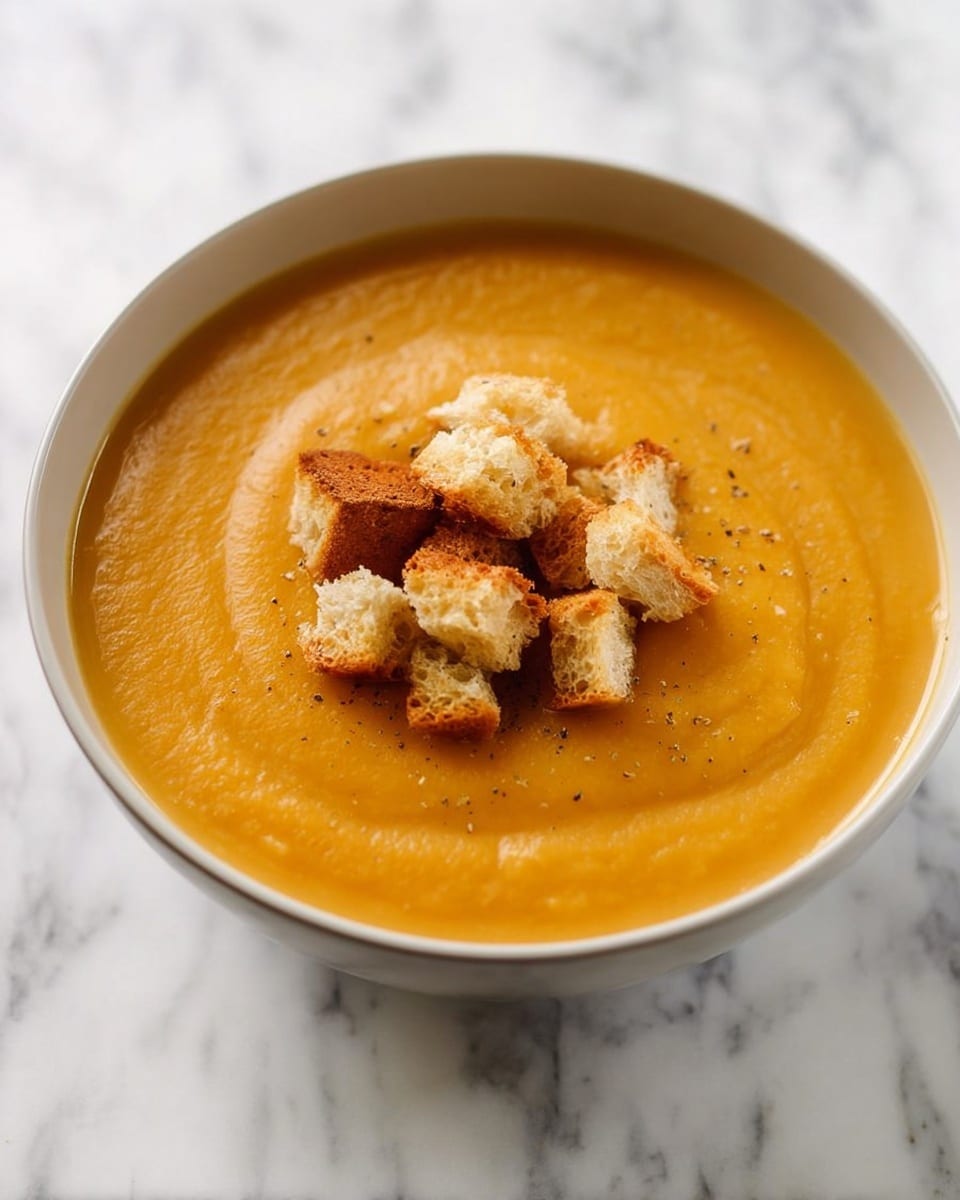 A white bowl filled with one smooth layer of thick, creamy orange soup topped with a small pile of golden brown toasted bread cubes placed in the center; the bowl sits on a white marbled surface photo taken with an iphone --ar 4:5 --v 7