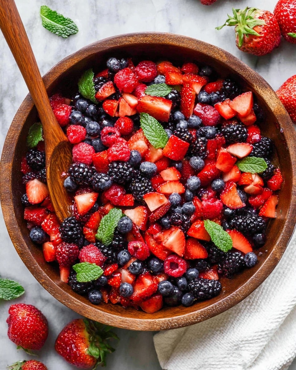 A large wooden bowl filled with a mix of colorful berries, including bright red chopped strawberries, plump red raspberries, dark blackberries, and deep blue blueberries, all mixed together in layers visible from the top. Fresh green mint leaves are scattered on top, adding a splash of color. A wooden spoon rests in the bowl, partially covered by the berries. The bowl sits on a white marbled surface with a white cloth nearby, and a few whole strawberries are placed around the bowl. Photo taken with an iphone --ar 4:5 --v 7