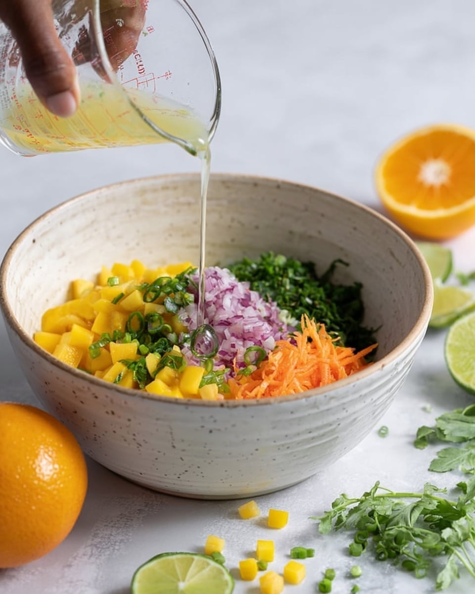 A white speckled bowl sits on a white marbled surface filled with layers of diced yellow mango at the base, finely chopped red onions and orange shredded carrot on one side, and a mound of chopped green herbs including cilantro and green onion on top. A woman's hand is pouring light yellow liquid from a clear glass measuring cup into the bowl. Around the bowl, there is a halved orange, a whole lime, a yellow lemon, and scattered small diced green and yellow pieces with some leafy herbs in the background. Photo taken with an iphone --ar 4:5 --v 7