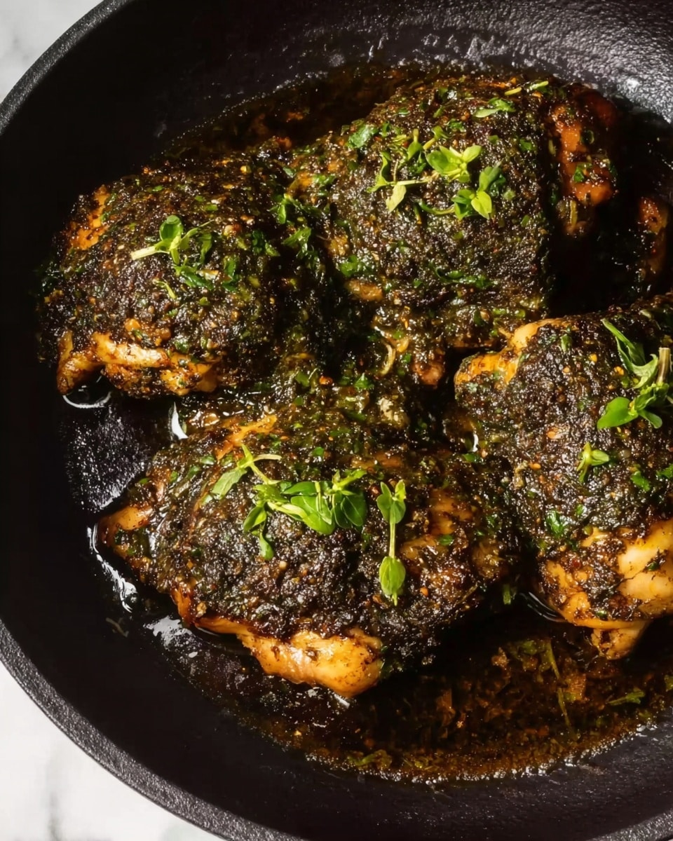 The image shows three pieces of cooked chicken thighs placed closely together in a dark pan. Each piece is covered with a thick, coarse black and green herb paste that looks moist and textured. Small green herb leaves are sprinkled on top as garnish, adding a fresh touch. The chicken skin underneath the paste appears slightly crispy and golden-brown at the edges. The pan around the chicken is glossy with a dark sauce that has a few oil spots, giving a rich and shiny look. The whole scene is set on a white marbled surface. Photo taken with an iphone --ar 4:5 --v 7