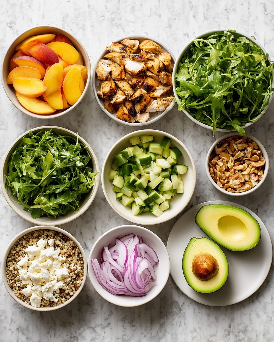 A top view of nine white bowls arranged in a loose circle on a white marbled surface, each bowl containing different ingredients: grilled chicken pieces in one bowl show golden brown, slightly charred texture; fresh green arugula leaves fill a large bowl, looking crisp and leafy; a bowl with small chopped cucumber pieces shows bright green skin and pale green inside; peach slices show their soft orange and red skin glistening; crumbled white cheese in another bowl is soft and fluffy; a bowl of mixed grains has a light brown and beige color with a chewy texture; thin slices of purple onion are curled in a small bowl; a bowl of sliced nuts shows off a pale beige color; lastly, two halves of a ripe avocado with bright green flesh and a brown seed sit on a white plate. photo taken with an iphone --ar 4:5 --v 7