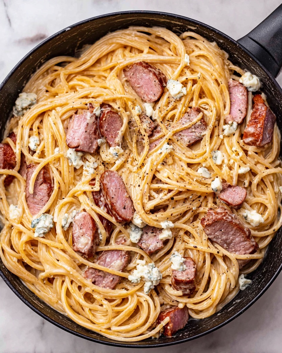 A black skillet filled with creamy spaghetti pasta, showing several slices of pinkish-brown cooked meat evenly spread around and mixed inside the pasta strands. On top, there are small chunks of white cheese with blue veins scattered over the whole dish. The creamy sauce gives the pasta a light yellow color and smooth texture, and a light sprinkle of black pepper spreads on the surface. The skillet rests on a white marbled surface photo taken with an iphone --ar 4:5 --v 7