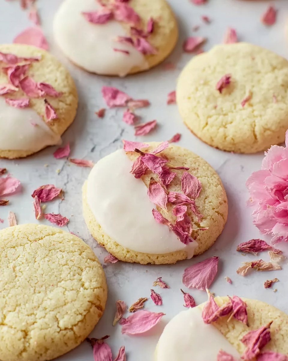 The image shows soft, round cookies that are a pale yellow color, each with a slight texture on the surface. Some cookies are partially covered on one side with smooth, white icing. On top of the icing, there are delicate pink dried flowers placed carefully. Around the cookies, there are more loose pink dried flowers and small petals scattered on a white marbled surface. The overall look is light and delicate with soft pastel colors. photo taken with an iphone --ar 4:5 --v 7