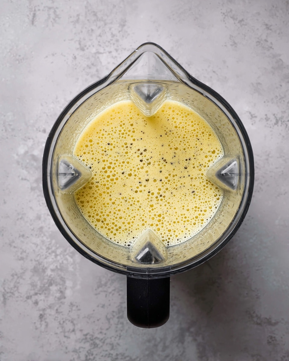A top view of a blender container filled with a single layer of light yellow liquid mixture, showing many small and medium bubbles on the surface with tiny black specks scattered throughout. The blender has a black handle and sharp blades submerged in the liquid, all placed on a white marbled textured surface. photo taken with an iphone --ar 4:5 --v 7