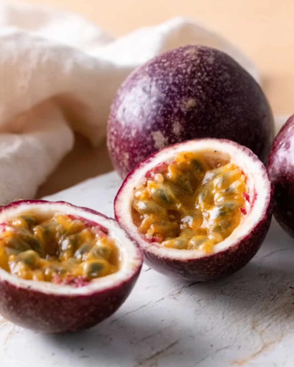 The image shows two whole purple passion fruits with a rough, dark purple skin on a white marbled surface, one is fully round and the other is partially shown. In front of them, there is one passion fruit cut in half revealing its bright yellow-orange pulp filled with many small black seeds inside the purple rind. The texture of the pulp looks juicy and glossy. A woman's hand is not present in the image. The background includes a soft cloth in a light cream color. Photo taken with an iphone --ar 4:5 --v 7