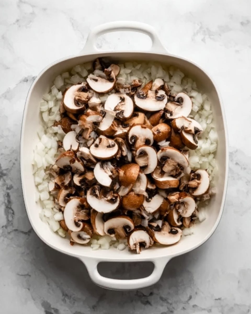 A white pan filled with two layers: the bottom layer is small, finely chopped white onions, and the top layer is thinly sliced brown mushrooms with white edges spread evenly over the onions. The pan is placed on a white marbled surface. photo taken with an iphone --ar 4:5 --v 7