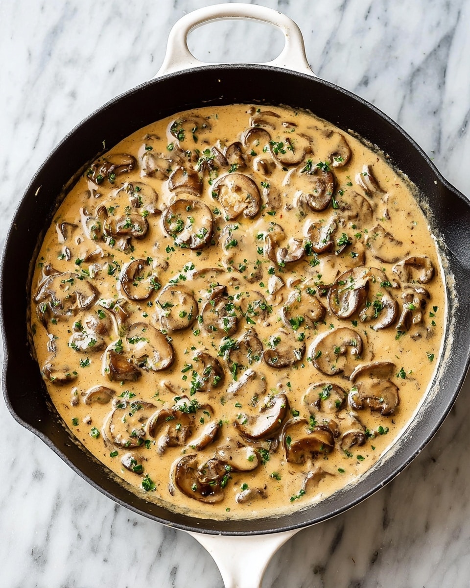A black skillet with a white handle filled with a creamy mushroom sauce, showing many slices of brown mushrooms in a light tan sauce. The sauce looks smooth and thick and is sprinkled with small bits of green herbs scattered evenly over the top. The skillet rests on a white marbled surface. photo taken with an iphone --ar 4:5 --v 7
