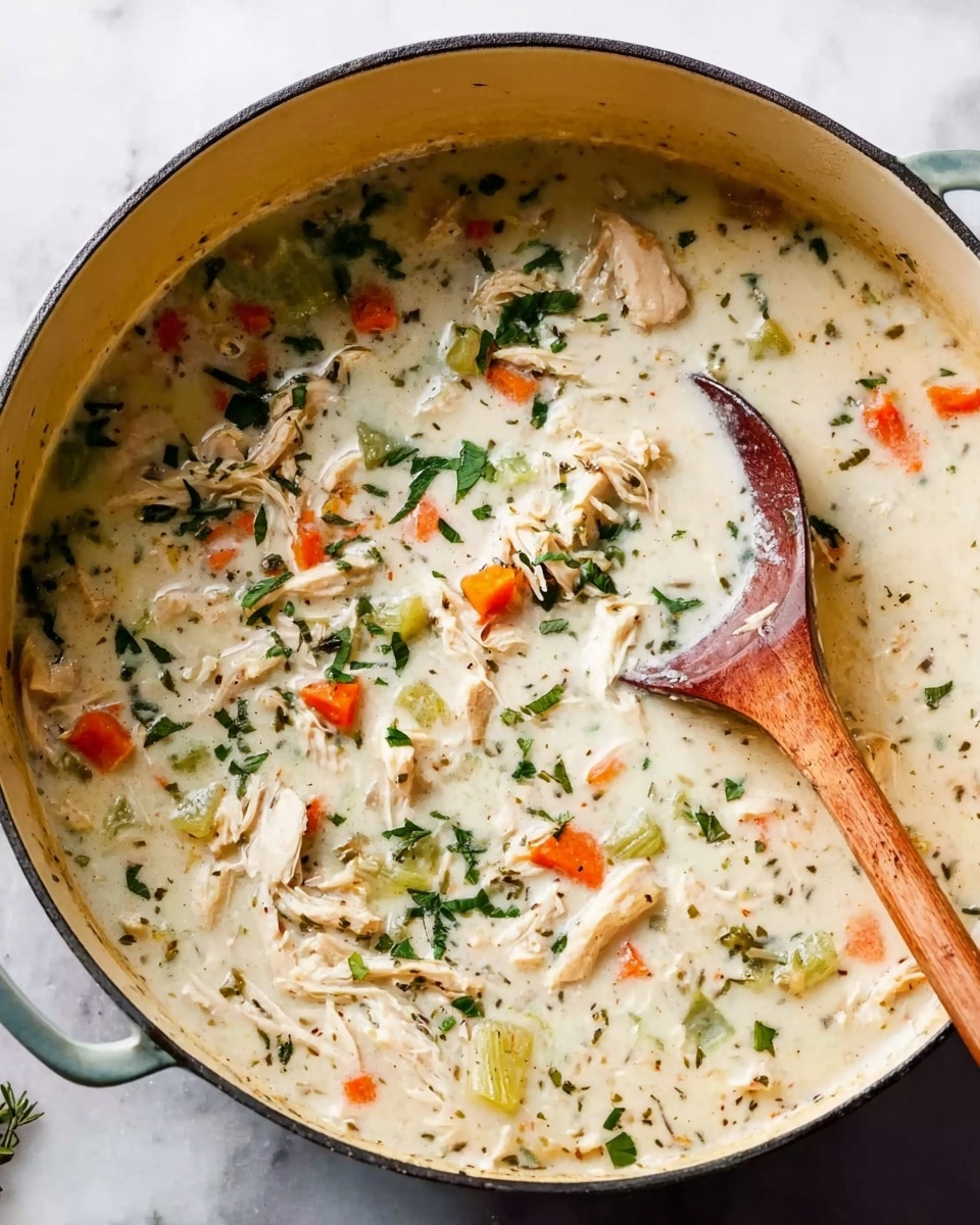 The image shows a pot filled with creamy soup that has a thick, smooth texture. Inside the soup, there are visible pieces of shredded white meat and small chunks of orange carrots and green celery, all evenly mixed throughout. Fresh green herbs are sprinkled on top, adding a touch of color. A wooden spoon with some soup on it is resting inside the pot. The pot sits on a white marbled surface. photo taken with an iphone --ar 4:5 --v 7
