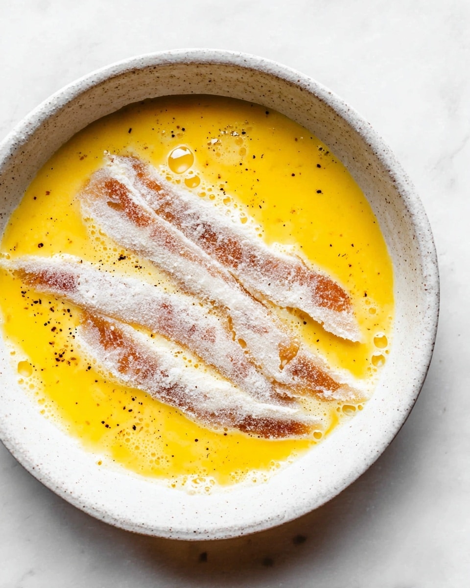 A white speckled bowl contains three long, thin strips of raw meat coated in a light layer of white flour. These strips are partially submerged in a vibrant yellow beaten egg mixture with small bubbles and black pepper specks floating throughout. The meat pieces are arranged in a slightly fanned pattern within the bowl. The bowl sits on a white marbled surface. Photo taken with an iphone --ar 4:5 --v 7