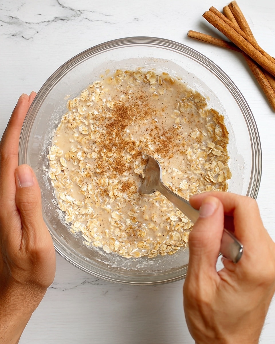 A clear glass bowl is held by a woman's hand with light skin on the left side while another woman's hand with light skin stirs a mixture inside the bowl using a fork. The mixture contains light beige oats soaking in creamy liquid with some specks of cinnamon visible, creating a textured, creamy, and slightly chunky appearance. The bowl is placed on a white marbled surface, with two cinnamon sticks crossed nearby in the upper right corner. The scene is bright and simple, focusing on the preparation of the oat mixture. photo taken with an iphone --ar 4:5 --v 7