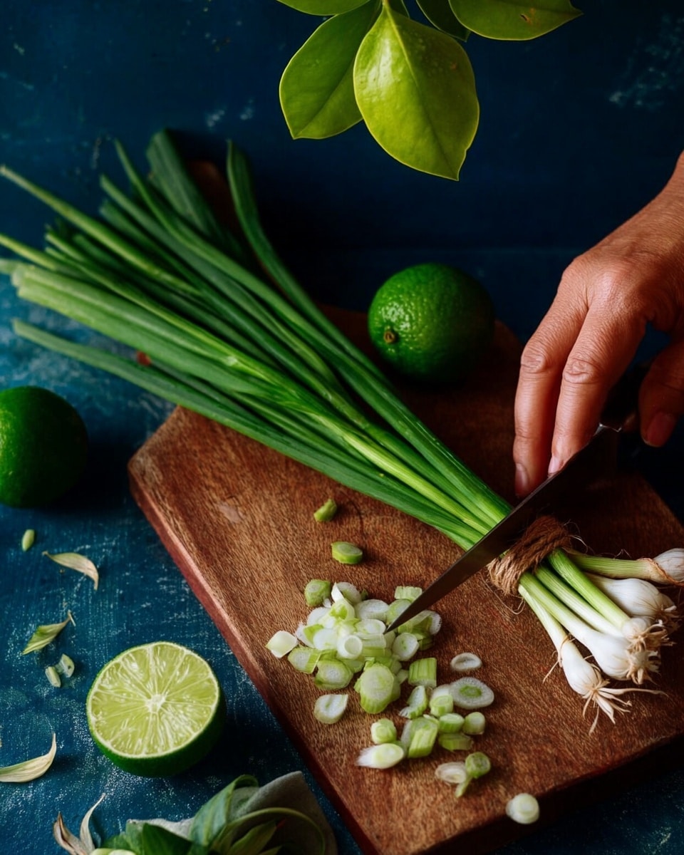 A bunch of green onions tied together with brown string lies on a wooden cutting board, with part of the stalks cut into small light green and white slices scattered nearby. A woman's hand holds an onion stalk while slicing it with a thin knife. Above the cutting board are a halved lime with green and white textures and a whole lime with a green bumpy surface against a dark blue background. A few green leaves hang from the top. Photo taken with an iphone --ar 4:5 --v 7
