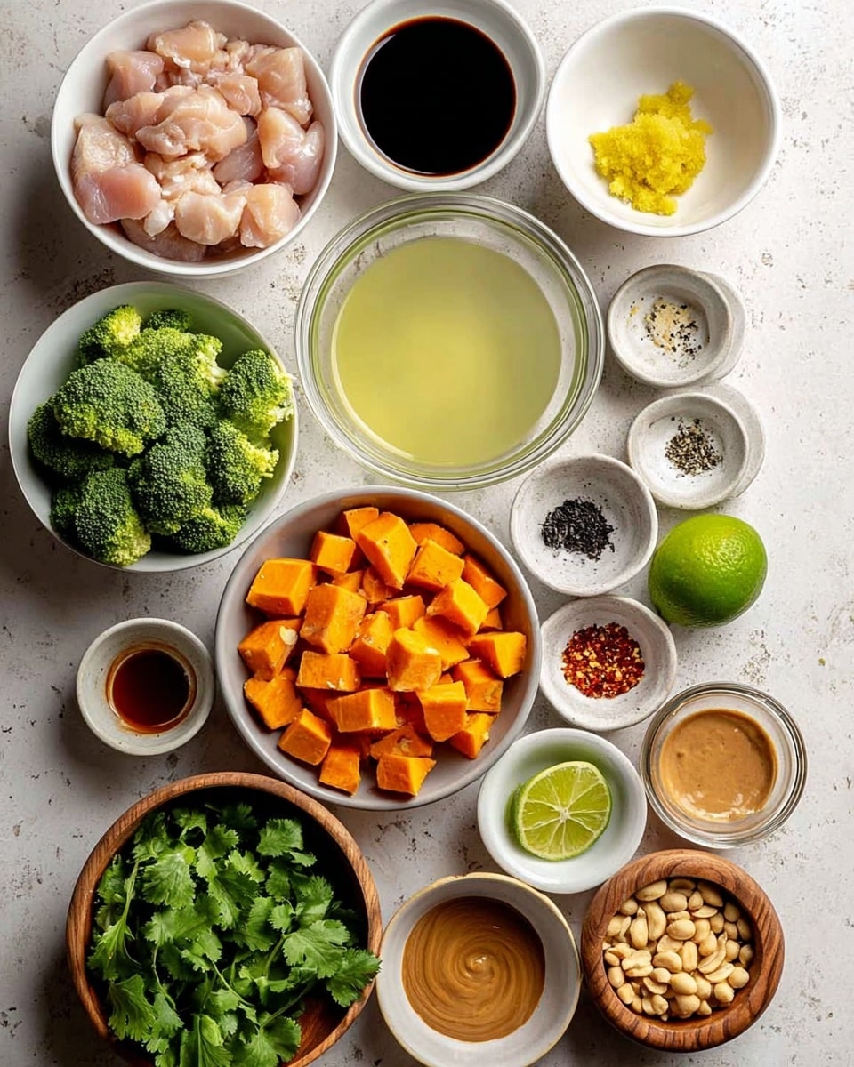The image shows an overhead view of many ingredients placed neatly on a white marbled surface. There are 15 containers: a white bowl with light pink chicken pieces in the top left, a white bowl beside it with dark soy sauce, and a small white bowl with yellow minced ginger near the top right. Below them, a white bowl holds bright green broccoli florets on the left side, and in the center, a clear glass bowl with light yellow liquid sits above a larger white bowl filled with cubed orange sweet potatoes. To the right of the sweet potatoes is an opened can of light beige chickpeas next to a whole green lime and a small white bowl with a golden yellow liquid. Around these are small bowls holding black pepper, salt, crushed red chili flakes, a light brown creamy sauce or peanut butter in a glass bowl, a clear liquid in a small white bowl, light brown vinegar or tamari in another white bowl, a wooden bowl with fresh green cilantro leaves, and a smaller wooden bowl with light brown peanuts. Photo taken with an iphone --ar 4:5 --v 7