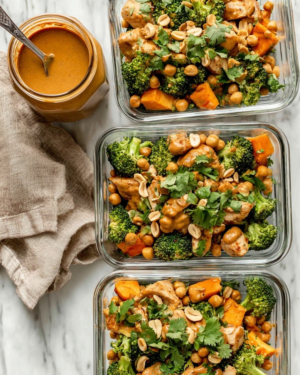 Three clear glass rectangular containers sit on a white marbled surface, each filled with a mix of cooked chicken pieces, green broccoli florets, orange sweet potato chunks, and light brown chickpeas, all topped with bright green chopped cilantro and scattered light tan peanuts. On the left side, a jar of thick orange peanut sauce with a spoon inside is placed next to a beige cloth napkin. The food looks fresh and colorful with textures ranging from smooth chicken to slightly rough broccoli and soft sweet potato, all layered evenly across the containers. Photo taken with an iphone --ar 4:5 --v 7