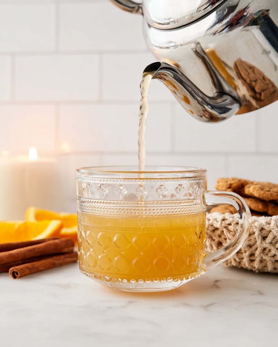 A clear glass cup with detailed round patterns on its surface sits on a white marbled texture. Inside the cup, a warm golden-yellow liquid fills the bottom half with a smooth texture. From above, a shiny silver kettle pours a clear hot liquid into the cup, creating a mix of steam and reflections. In the background, to the left, there are cinnamon sticks and bright orange slices casually placed, and a soft, glowing white candle. On the right side, some brown cookies rest on a light woven basket, all against a clean white brick wall. Photo taken with an iphone --ar 4:5 --v 7