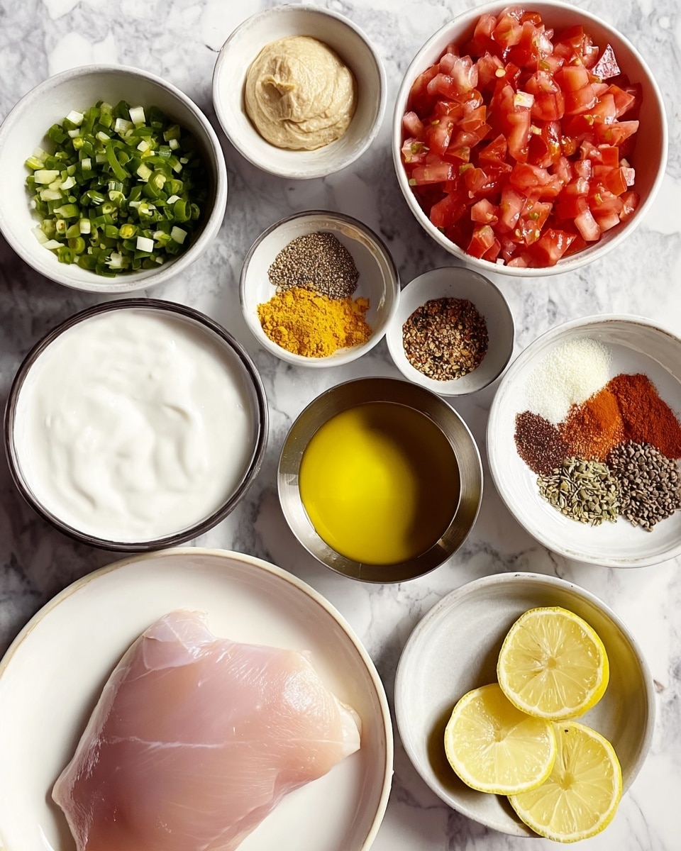 The image shows a white plate with a piece of raw chicken placed at the bottom. Around the plate, several white bowls are placed on a white marbled background. One bowl holds chopped green chili slices, another has white liquid likely yogurt, while a small bowl contains a beige paste. A bowl filled with diced red tomatoes is in the center. Another bowl has mixed spices of brown, red, yellow, and black colors arranged side by side in small piles. There is a serving of golden yellow oil in a small metal cup near diced white onions in another metal cup. A small bowl contains lemon halves with bright yellow color and visible seeds. All items are spaced neatly around the central plate. Photo taken with an iphone --ar 4:5 --v 7