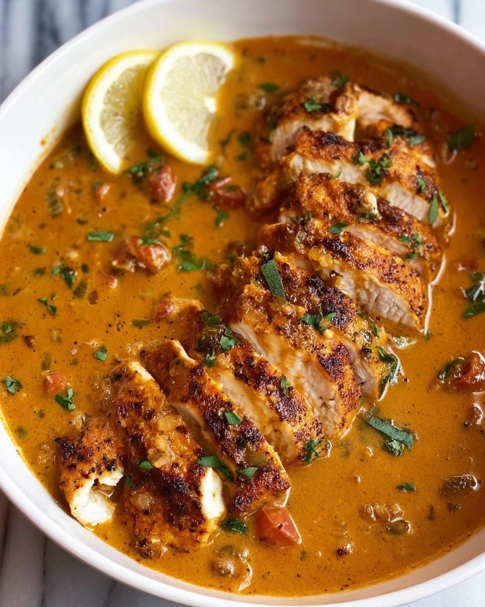 A white bowl filled with a thick orange-brown sauce showing bits of green herbs and small pieces of tomato. On top of the sauce, there are two rows of sliced, golden-brown seasoned chicken pieces arranged neatly. The chicken has a crispy, slightly charred texture on the outside with a white interior. Two lemon wedges sit on the edge of the bowl, adding a fresh contrast. The background is a white marbled surface. Photo taken with an iphone --ar 4:5 --v 7