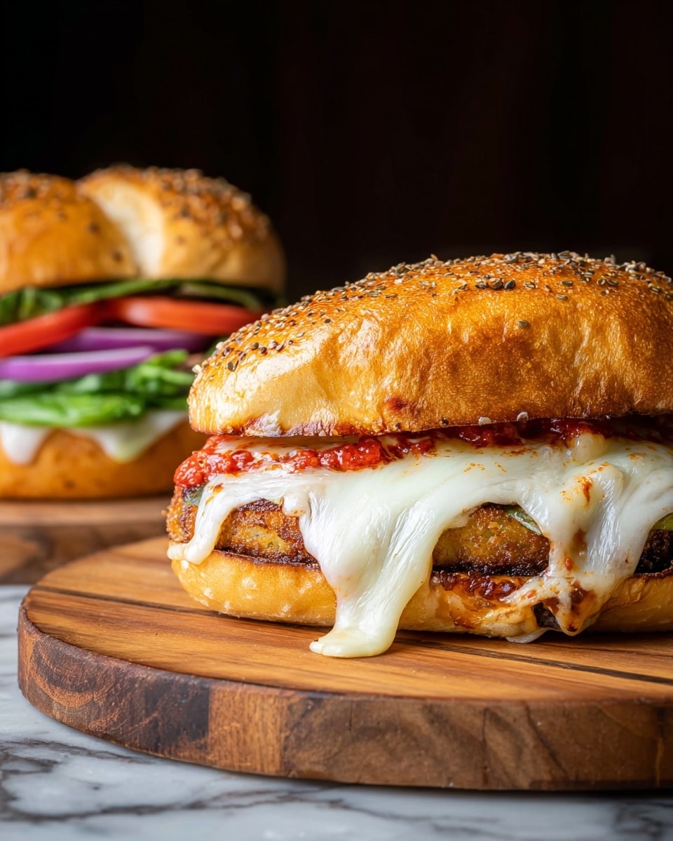 The image shows a sandwich with a sesame seed bun that is golden brown and toasted, with melted white cheese dripping over the edges. Inside, there is a crispy fried patty layered with red tomato sauce just under the cheese. Behind it, part of another sandwich is visible, showing green lettuce, slices of red tomato, and purple onion inside a white bun. Both sandwiches sit on a round wooden cutting board placed on a white marbled surface, with a dark blurred background. photo taken with an iphone --ar 4:5 --v 7