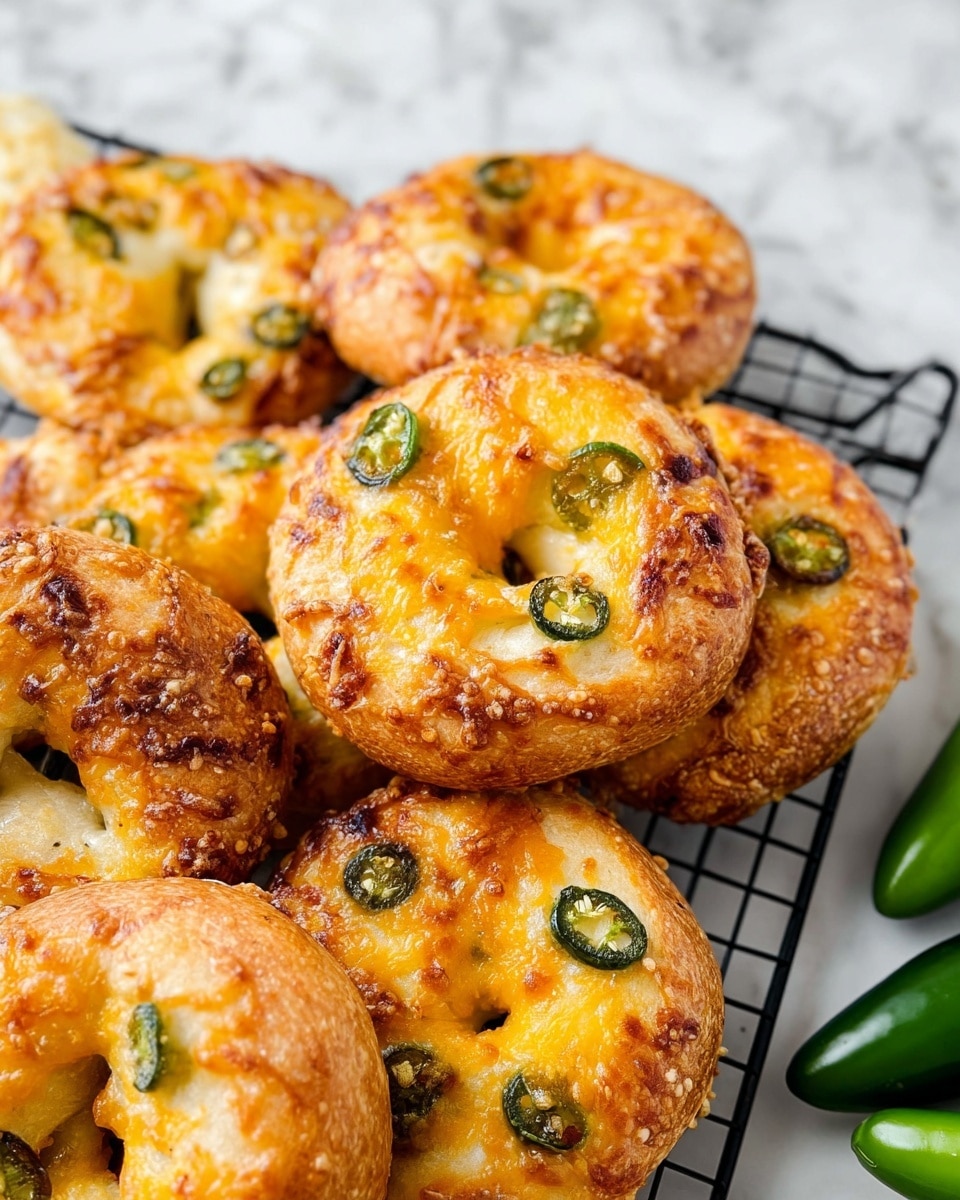 There are several golden brown bagels with a crunchy-looking outer layer, each topped with melted, bubbly cheddar cheese that covers much of the surface. Scattered on the top are small green jalapeño slices, some slightly charred at the edges, giving a spicy look. The bagels are placed close together on a black wire cooling rack, which sits on a white marbled surface. Some bright green whole jalapeños are visible at the side, adding a splash of color. Photo taken with an iphone --ar 4:5 --v 7