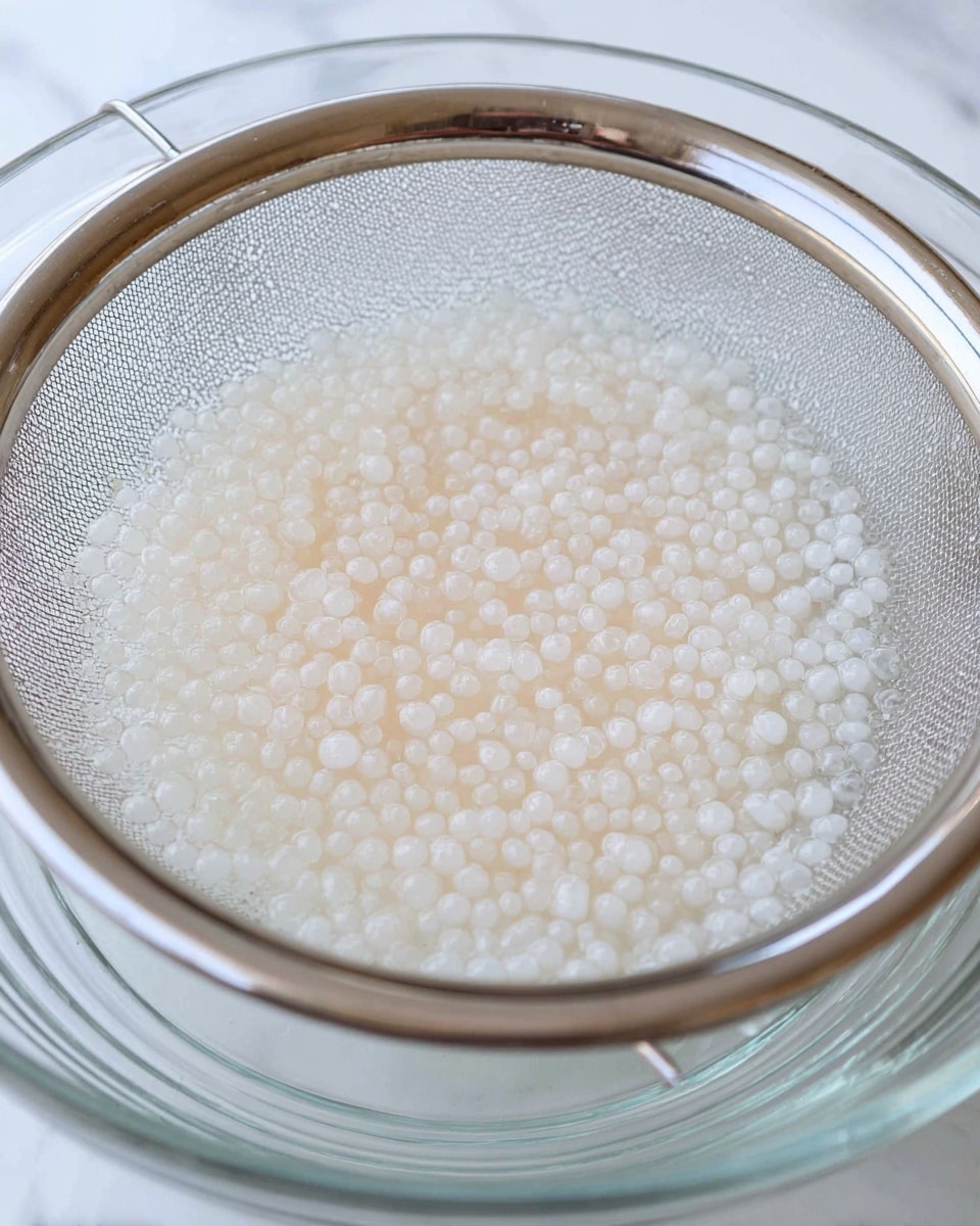 A close-up view of many small, clear, wet tapioca pearls resting in a silver mesh strainer held over a clear glass bowl, showing their smooth, round texture and translucent white color, set on a white marbled surface. photo taken with an iphone --ar 4:5 --v 7