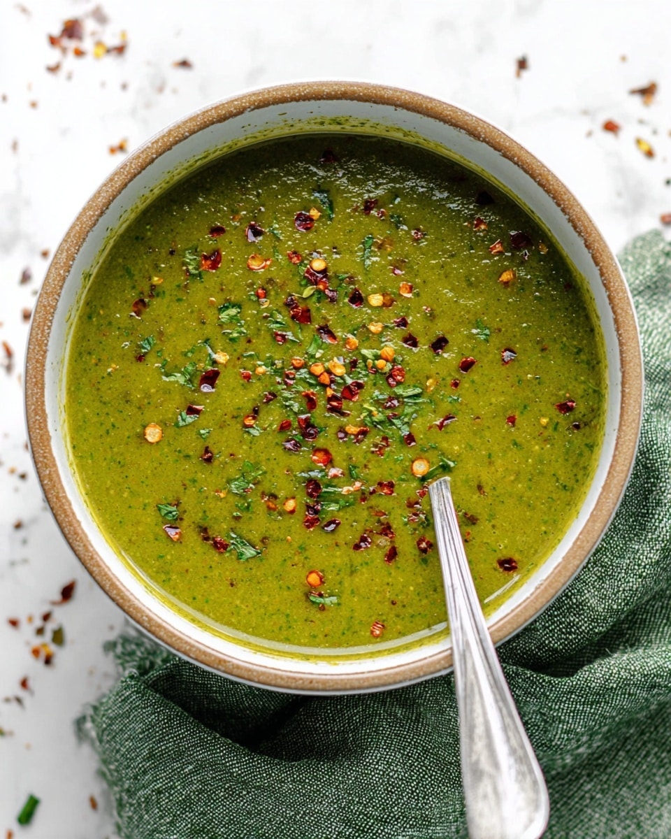A white bowl with a brown rim filled with green soup that looks smooth but with some texture, topped with red chili flakes and small green herb pieces scattered evenly across the surface. A silver spoon is placed inside the bowl on the right side, partly submerged. The bowl rests on a folded green cloth napkin with a textured pattern, set against a white marbled background with chili flakes scattered around. Photo taken with an iphone --ar 4:5 --v 7