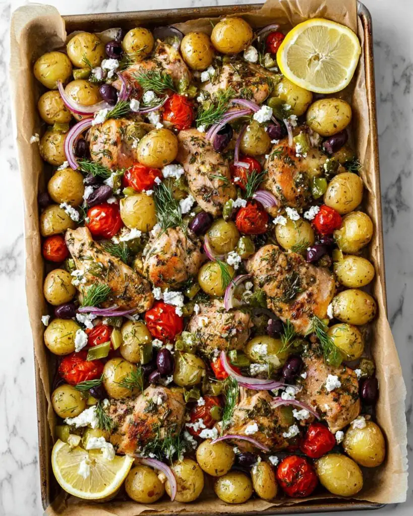Greek Sheet Pan Chicken with Roasted Vegetables and Feta Recipe