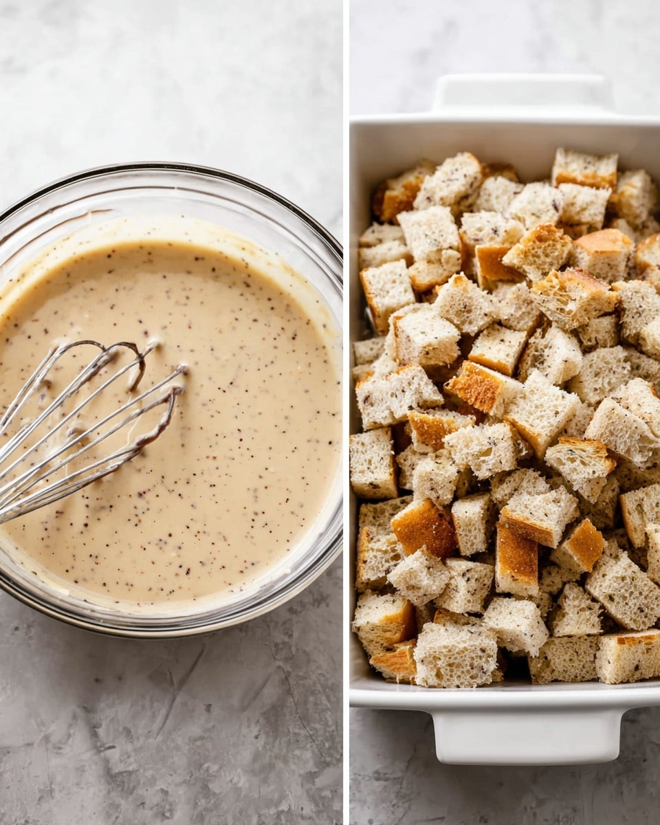 The image on the left shows a clear glass bowl filled with a creamy, beige liquid mixture with small dark specks throughout, and a metal whisk resting inside, partially submerged in the mixture. The image on the right shows a white square baking dish filled with many small, uneven cubes of light beige bread with a slightly rough texture and some darker brown crust pieces mixed in. Both dishes are placed on a white marbled surface. Photo taken with an iphone --ar 4:5 --v 7