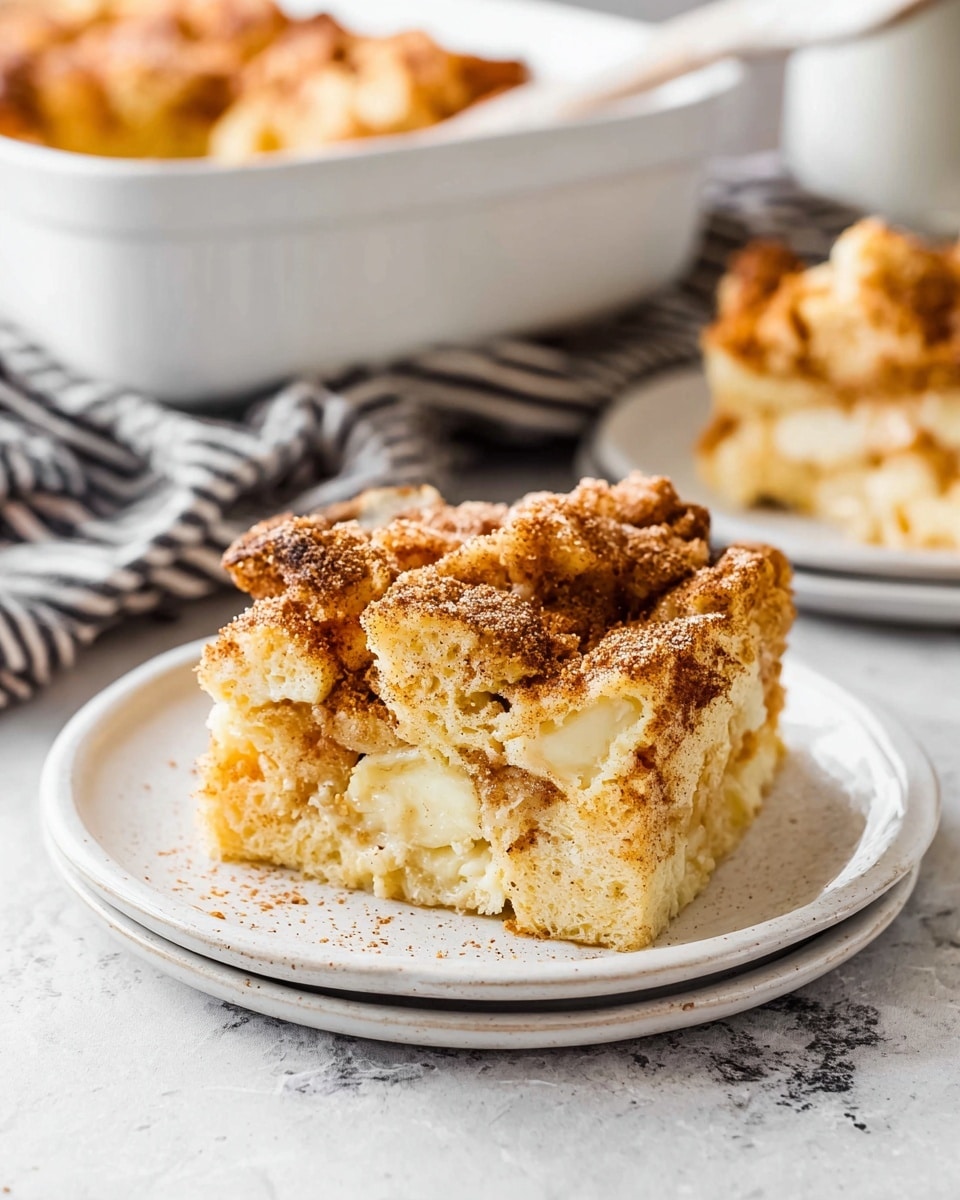 The image shows a thick square piece of bread pudding on a white plate, with chunks of soft, light yellow bread inside. The top layer is crumbly and golden-brown with a dusting of cinnamon or sugar, giving it a slightly rough texture. The bread pudding is dense and layered, showing soft bread bits tightly packed together beneath the crunchy top. In the background, there is another piece of the same bread pudding on a white plate and a large white baking dish filled with more bread pudding. Everything is set on a white marbled surface, next to a striped cloth. Photo taken with an iphone --ar 4:5 --v 7