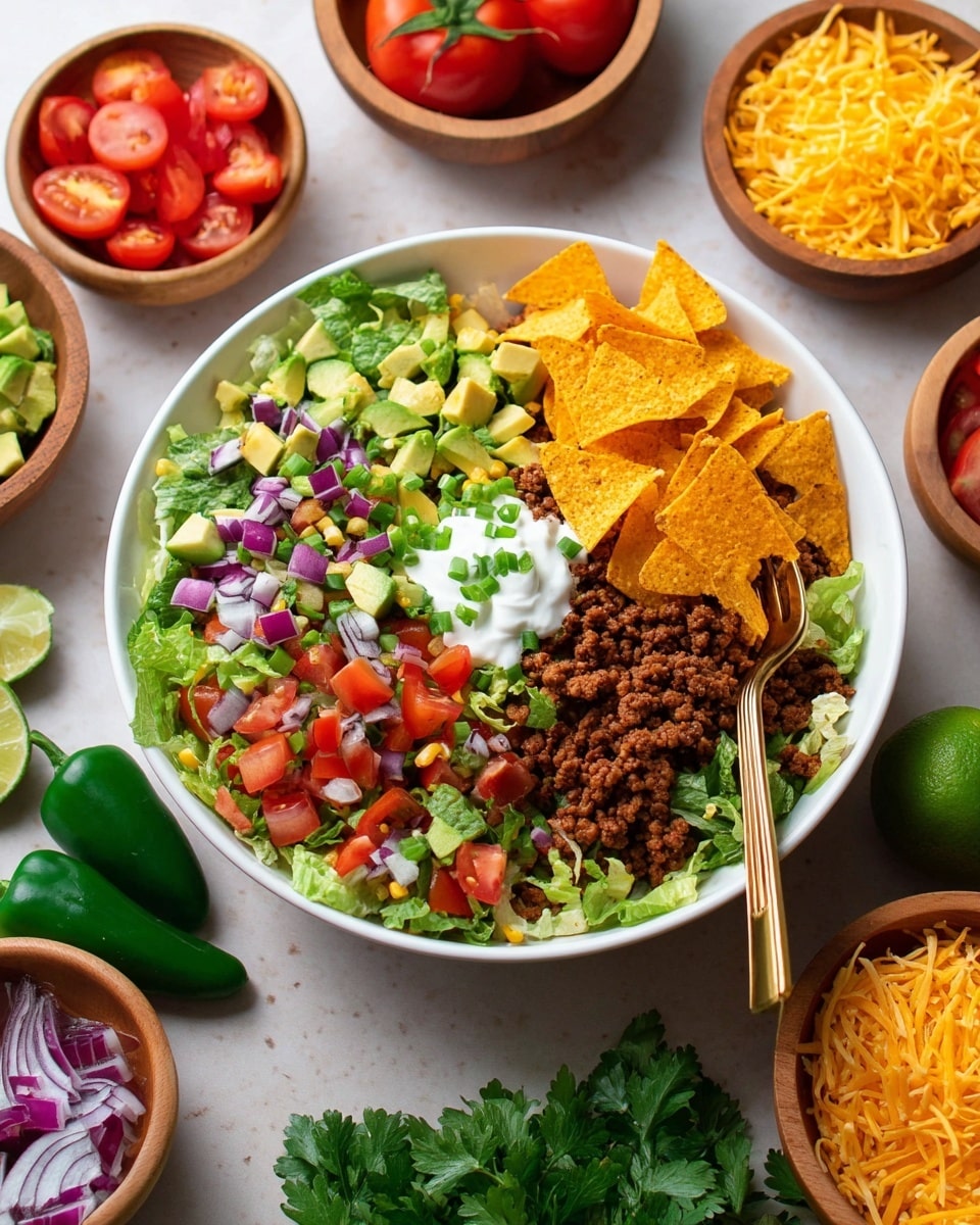 A white bowl filled with a layered taco salad sits on a white marbled surface. The bottom layer is green chopped lettuce. On top of this, there are crushed orange tortilla chips mixed with ground cooked beef in a brown color. Scattered over are small cubes of light green avocado and bright red diced tomatoes, along with bits of purple onion. A small dollop of white sour cream sits near the center, garnished with small green onion slices. A gold fork is placed inside the bowl on the right side. Around the bowl are small wooden bowls and plates holding more chopped tomatoes, corn, shredded yellow cheese, and red onions. Fresh tomatoes on the vine, two green jalapeno peppers, a lime, and some parsley are also nearby. Photo taken with an iphone --ar 4:5 --v 7