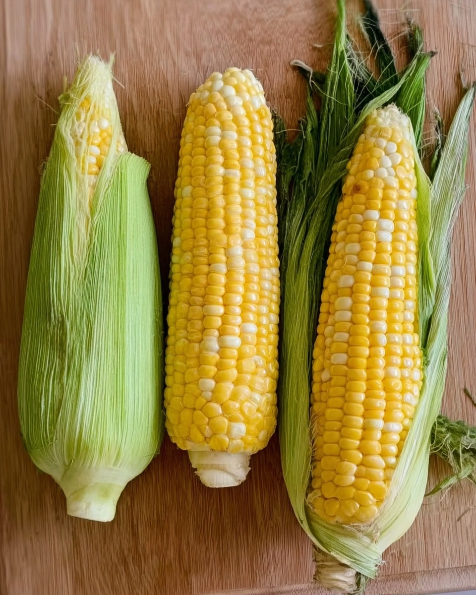 The image shows three ears of corn on a wooden chopping board. Two ears of corn have no husk and display bright yellow kernels arranged in neat rows. The third ear of corn has the husk partially peeled back, revealing its yellow kernels while still being wrapped on one side with green husks and silky threads. The wooden board has a smooth texture with natural wood grain details. The photo taken with an iphone --ar 4:5 --v 7