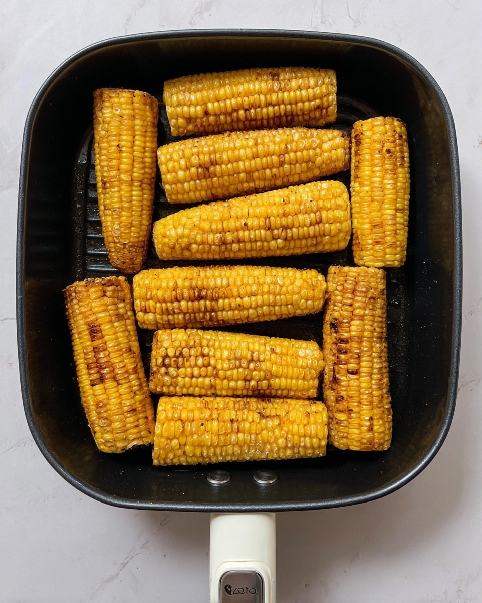 The image shows a black square pan with a white handle on a white marbled surface, filled with ten pieces of cooked corn on the cob. The corn pieces are arranged in two neat rows, with some showing a golden yellow color and others having brown grill marks, indicating they are roasted or grilled. Each piece is whole or cut into large sections with visible corn kernels tightly packed and shiny, contrasting with the black pan interior. The texture of the corn looks slightly charred in parts, giving a rich and cooked appearance. Photo taken with an iphone --ar 4:5 --v 7