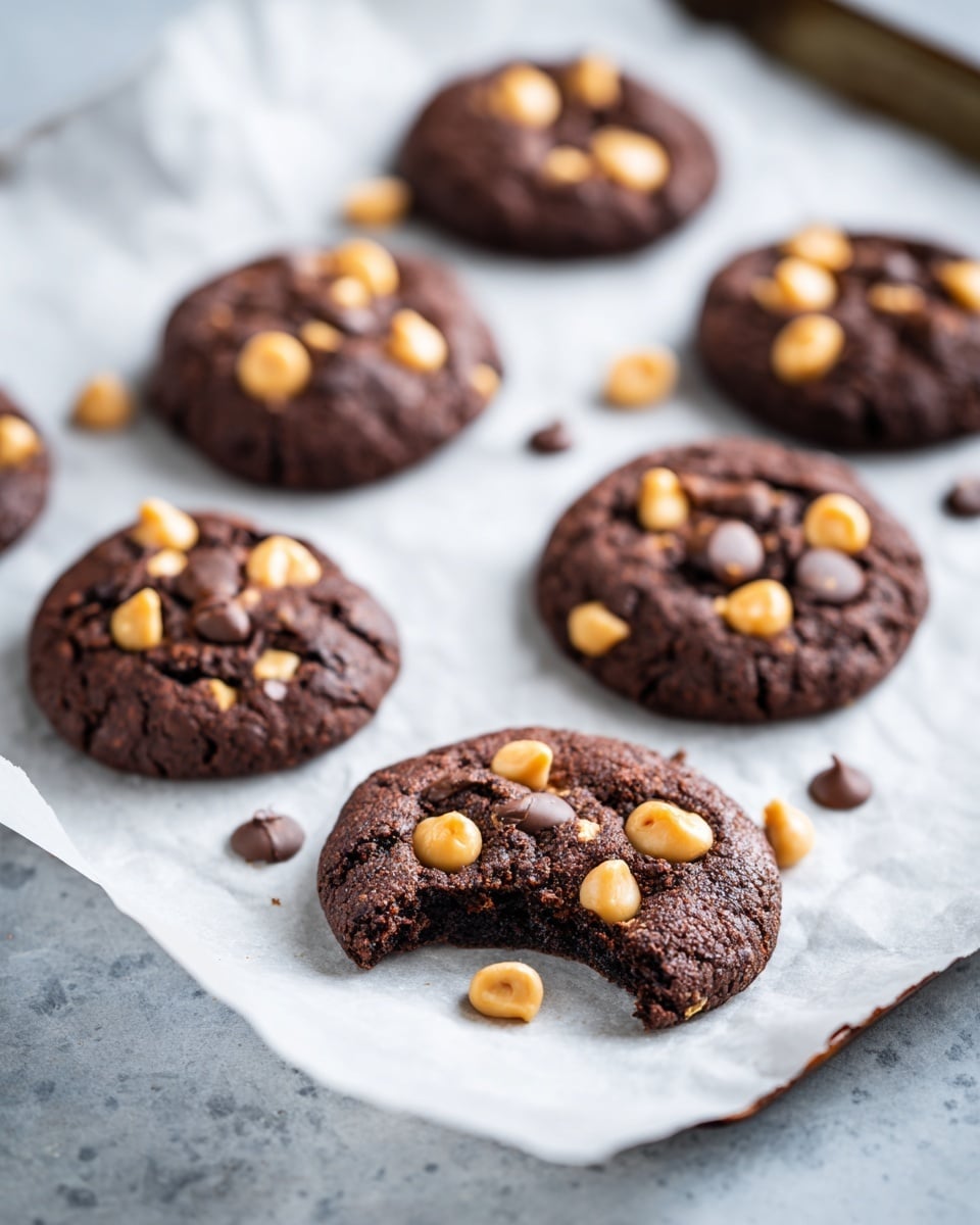 A woman's hand holds four stacked dark brown chocolate cookies with a rough texture. Each cookie is thick and dense, with visible chunks of light tan peanut butter pieces embedded inside. The cookies have shiny, melted chocolate swirls on the surface, adding a glossy contrast to the matte dark cookie dough. The background is plain white, bringing full focus to the rich textures and colors of the cookies. photo taken with an iphone --ar 4:5 --v 7