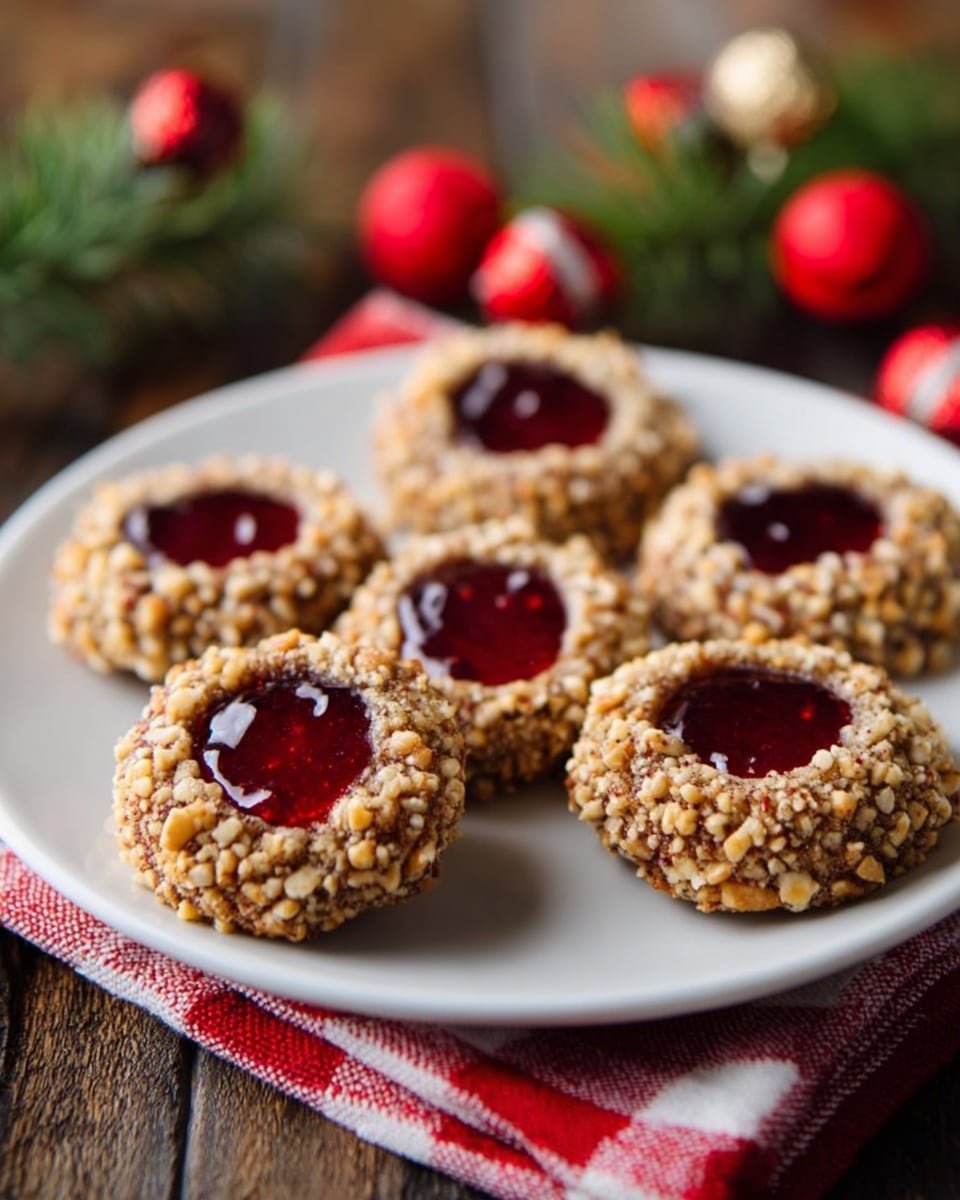 The image shows seven round cookies on a plain white plate, each with two layers: the outer layer is covered in small chopped nuts with a rough texture and light brown color, while the inner circle is filled with smooth, shiny, deep red jelly. The cookies are arranged in a slightly scattered pattern on the plate, which sits on a wooden table covered partly by a red and white checkered cloth. In the background, some small red decorative balls and green pine branches add a festive touch. The scene is warm and cozy, with soft light highlighting the shine on the jelly. Photo taken with an iphone --ar 4:5 --v 7